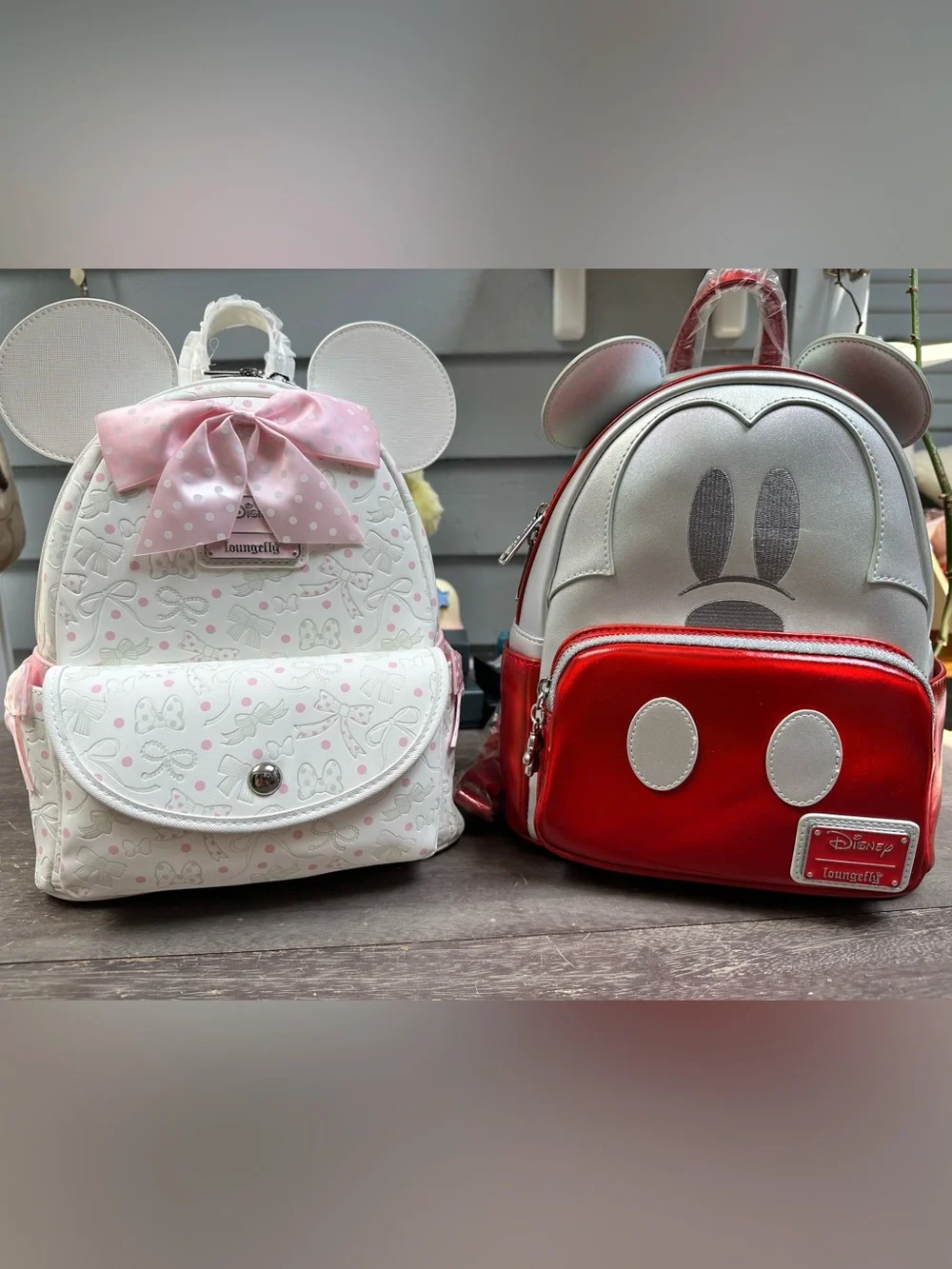 Loungefly Mickey Anniversary Red & Silver snd Pink bows Minnie backpacks BUNDLE